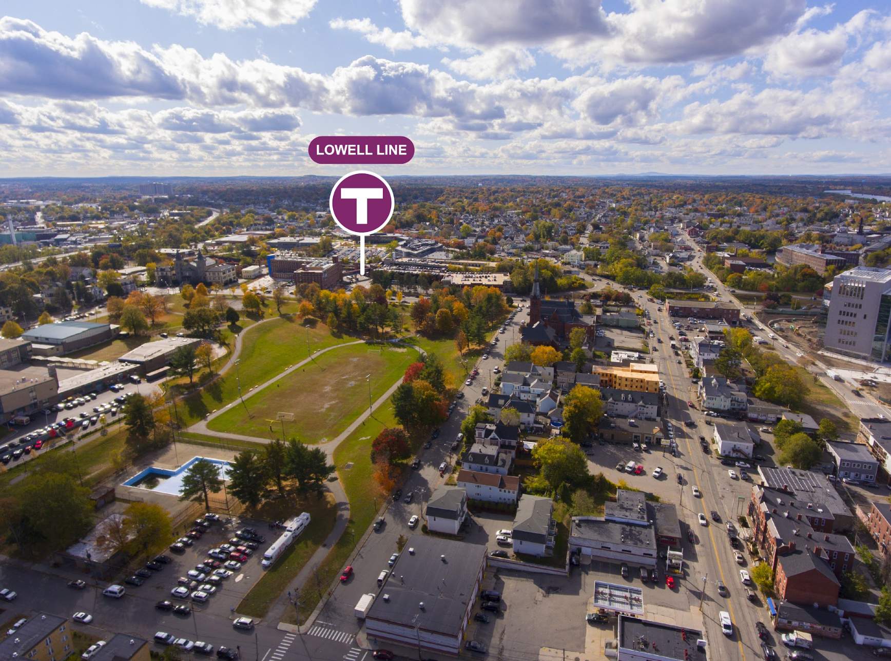 Aerial view of Lowell MBTA station